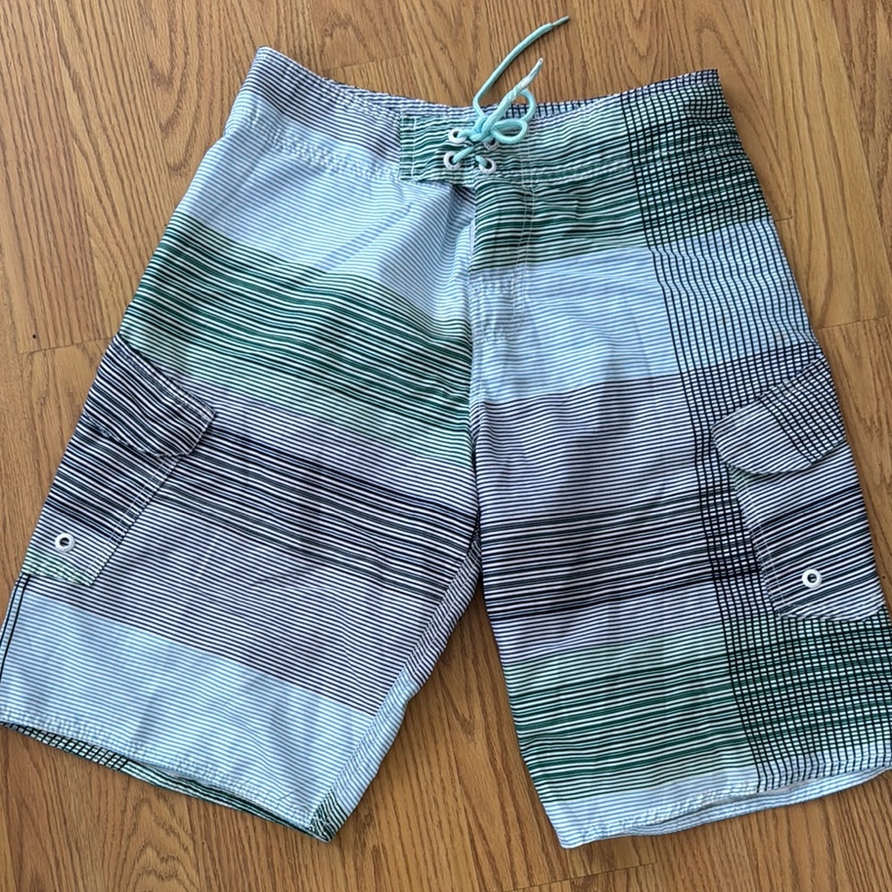 Green and Black Board Shorts with Drawstring Waist